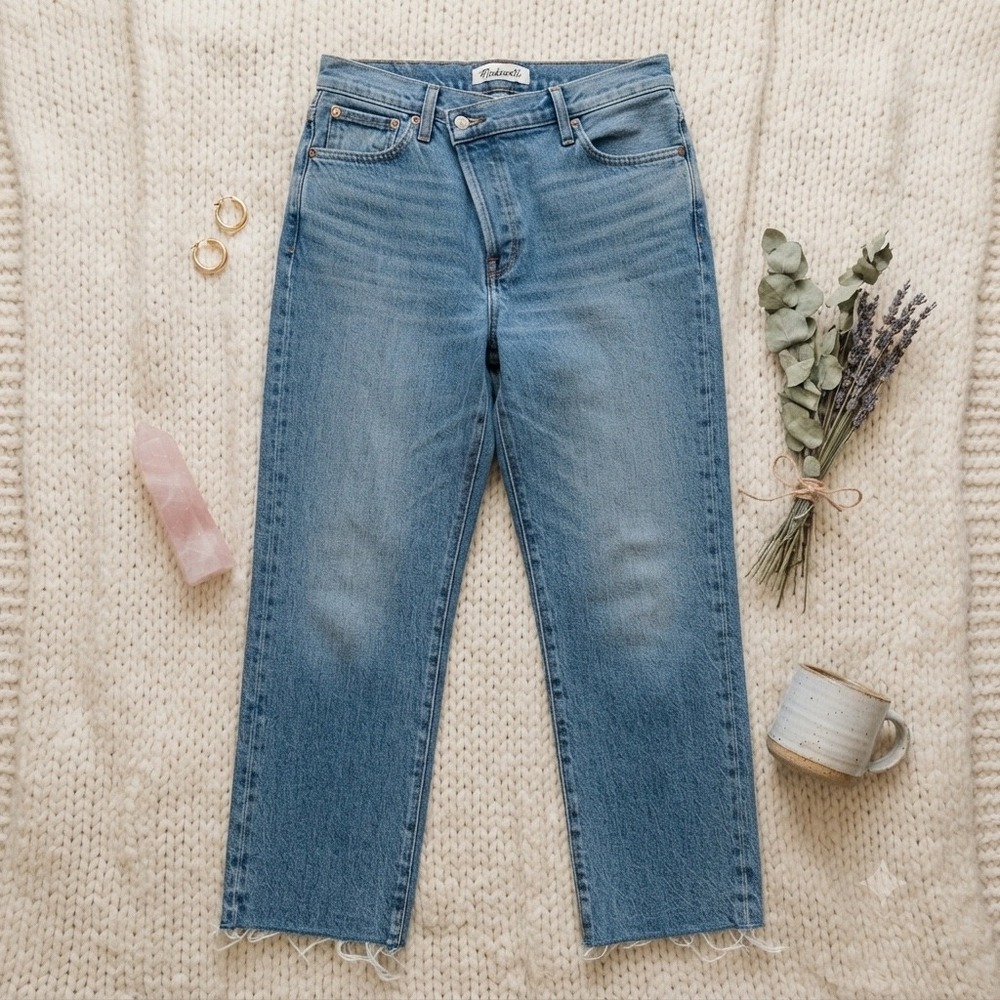 Madewell Mid-Rise Perfect Vintage Jean Crisscross Button Fly Raw Hem Blue 31